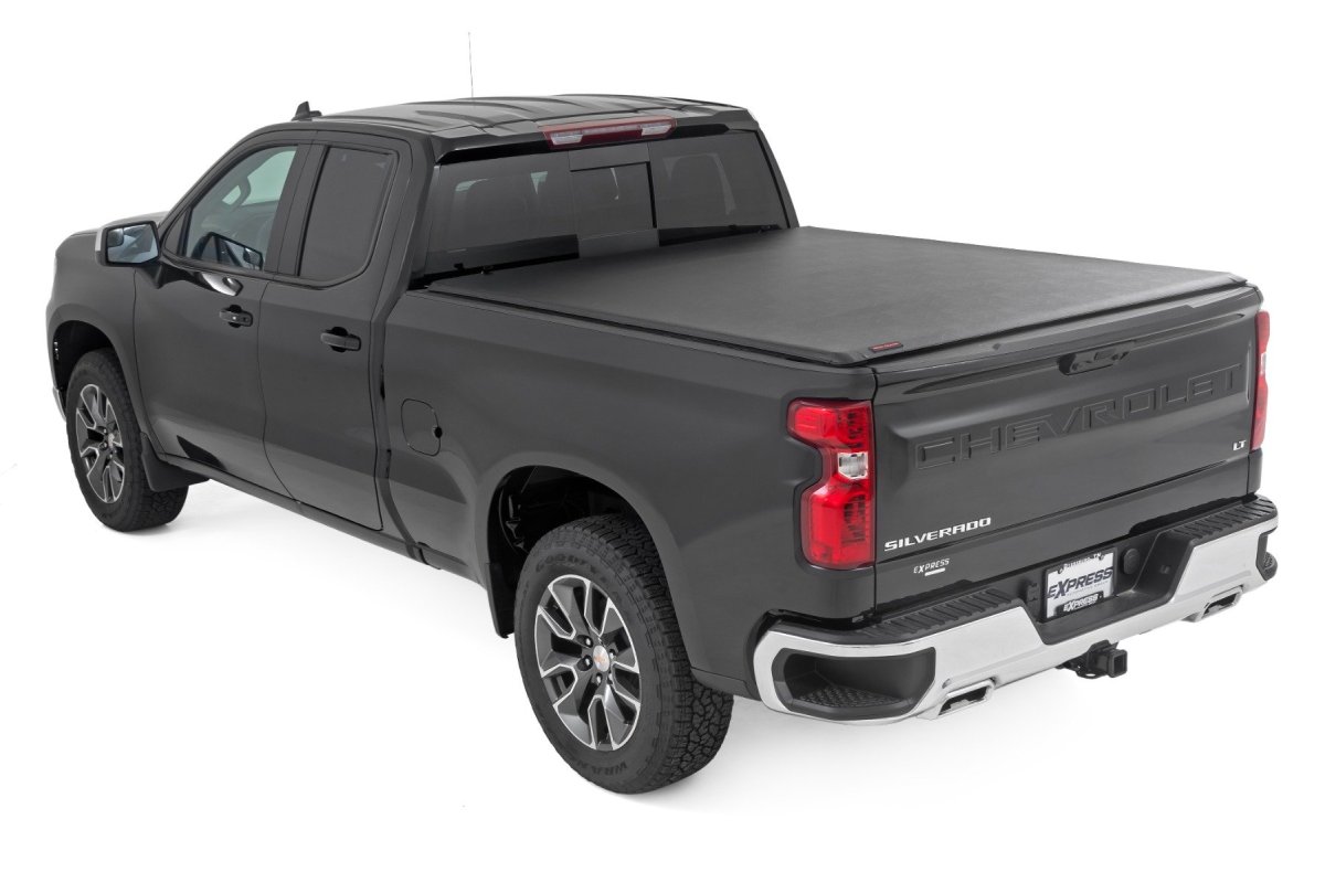 GMC Sierra 1500 Soft Roll Up Bed Cover - Rough Country - Roll-Up Design, Marine-Grade Vinyl - Matte Black - '19-'24